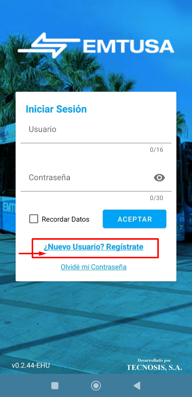 Pantalla de inicio de sesión de la App EMTUSA