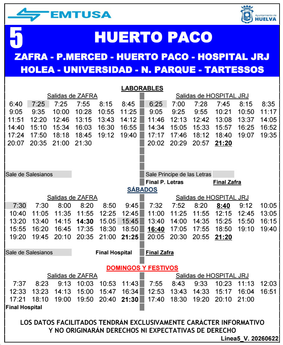 horario emtusa linea 5 20260622